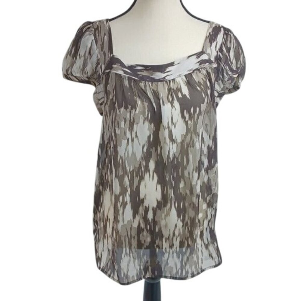 Ann Taylor Womens Blouse Taupe Ivory Abstract Print Short Sleeve Size L